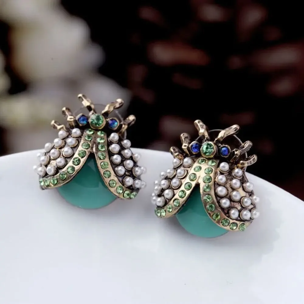 Betsy Johnson Earrings Turquoise Green & Gold Ladybug Stud Backing - Picture 1 of 5